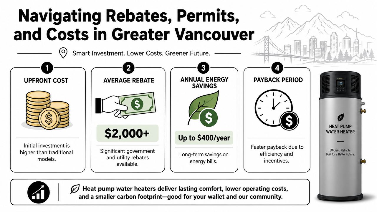 An infographic detailing rebates, permits, and costs for installing a heat pump water heater in Vancouver.