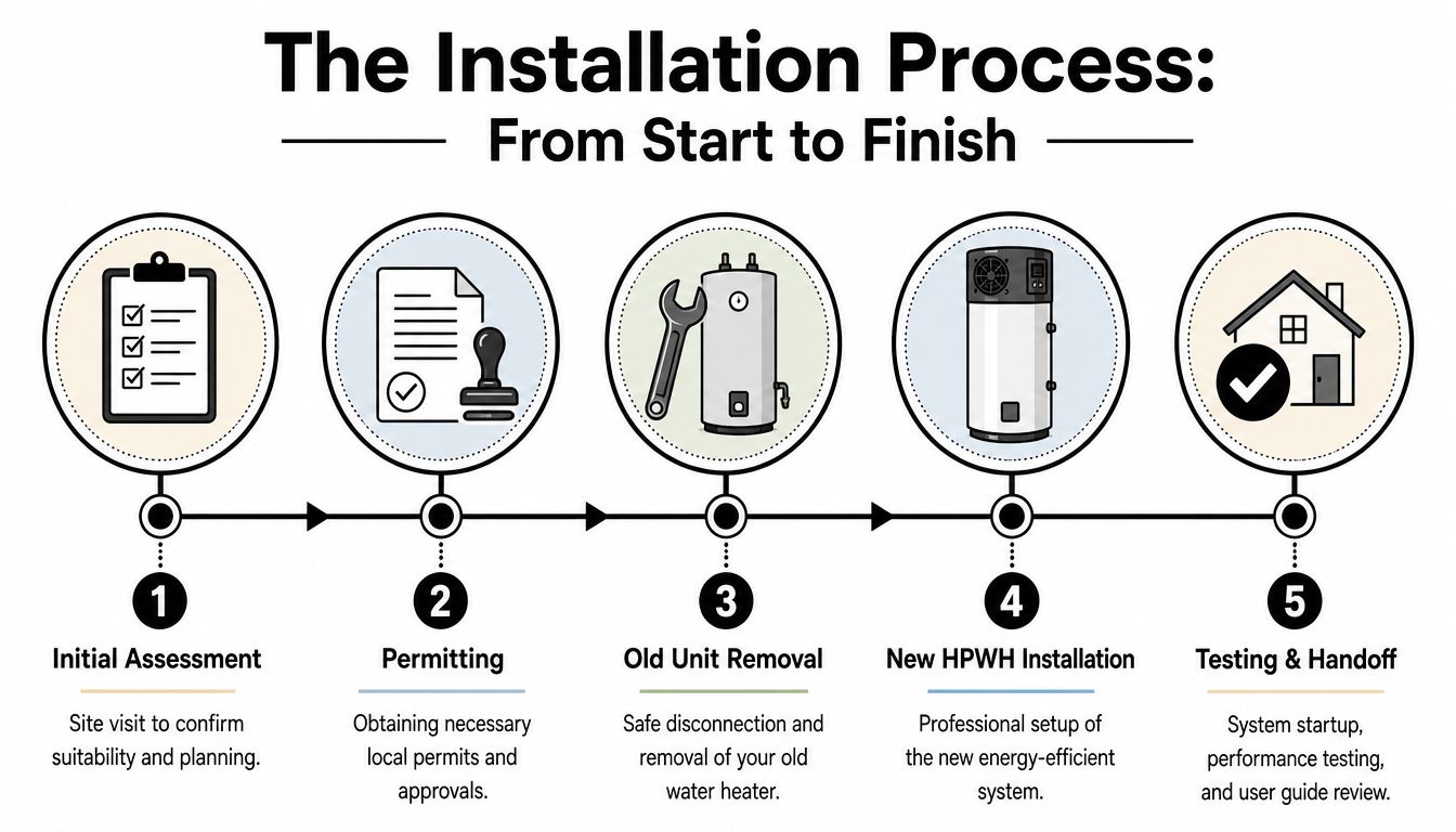 A five-step infographic illustrating the installation process of a heat pump water heater from start to finish.
