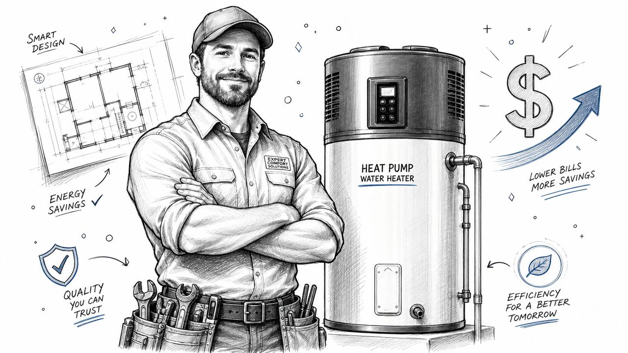 A professional technician stands next to a modern heat pump water heater with efficiency and savings icons.