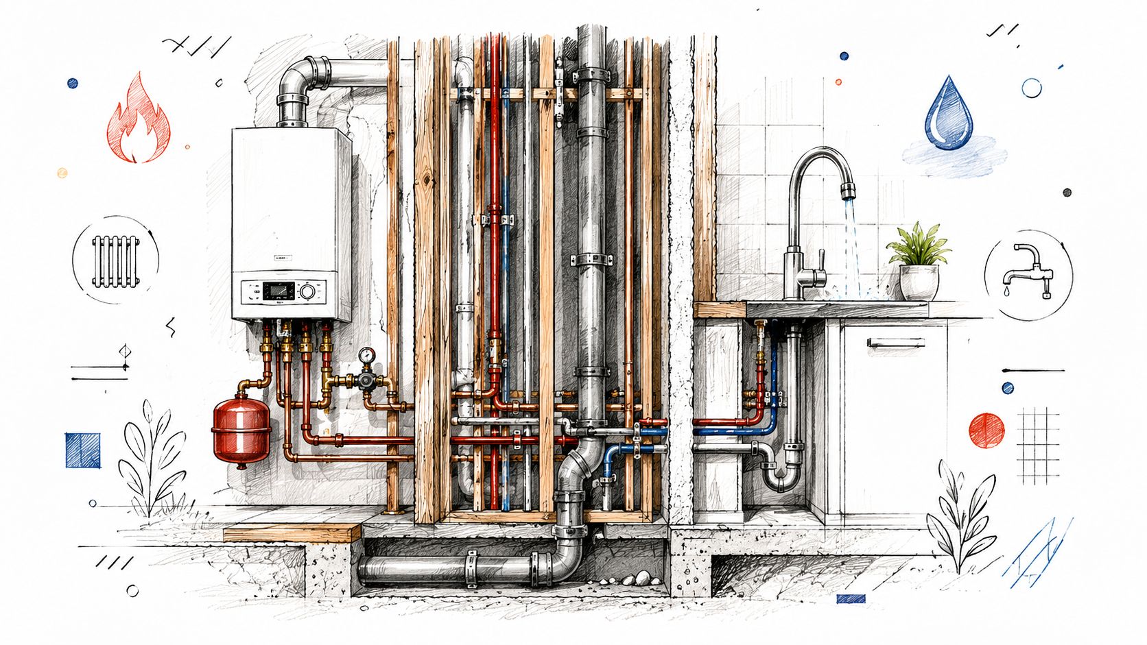 A detailed technical illustration showing the heating and plumbing system behind a house kitchen wall.