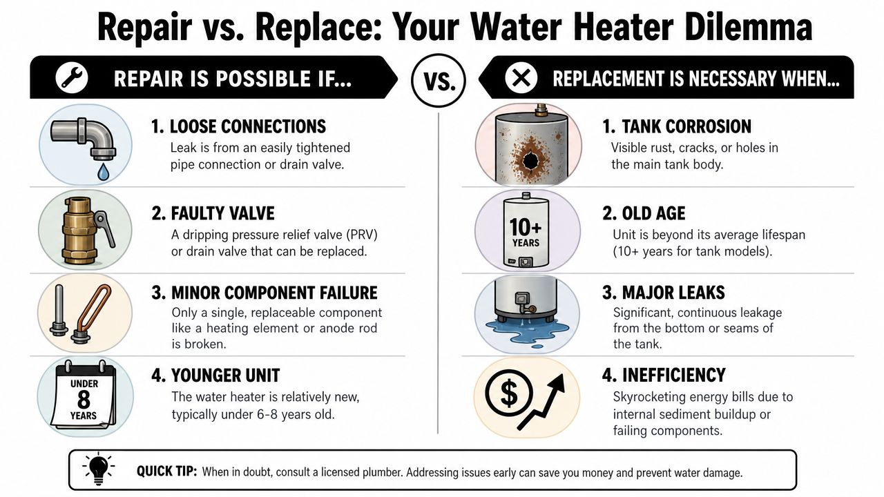 An infographic showing when to repair or replace a residential water heater based on common problems.
