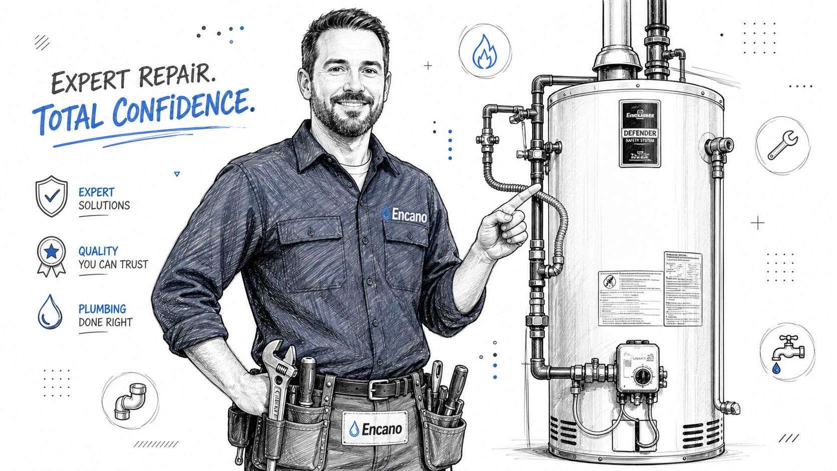 A friendly plumbing technician standing next to a water heater while pointing at the pipes.
