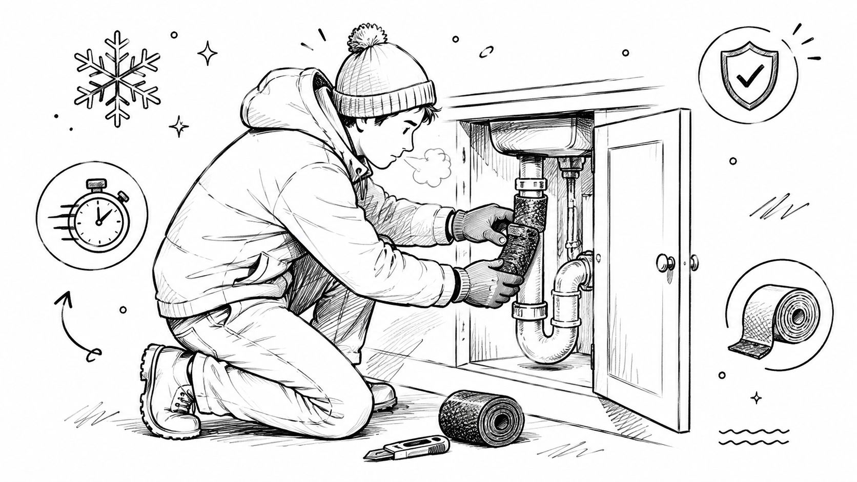 A person in winter clothes insulating plumbing pipes under a sink to prevent freezing during cold weather.