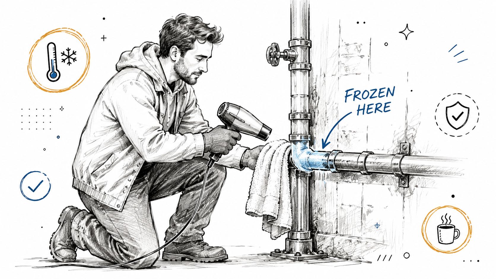 A person using a hairdryer to thaw a frozen pipe elbow joint in a basement setting.