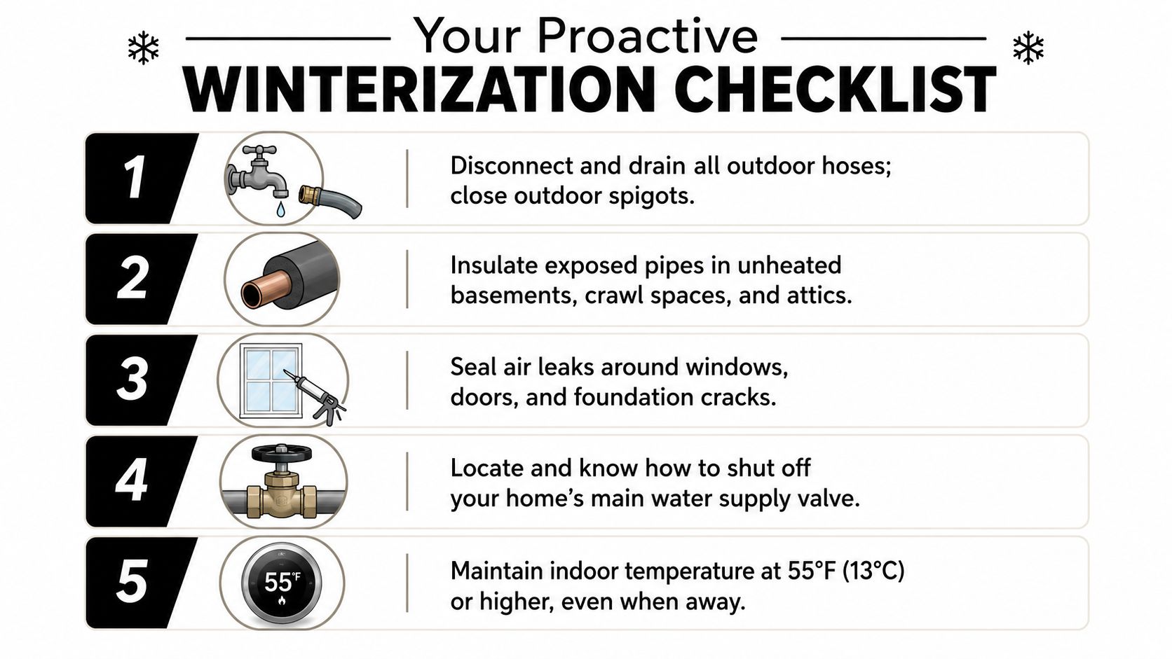 A five-step winterization checklist infographic for homeowners to prevent pipes from freezing during cold weather.