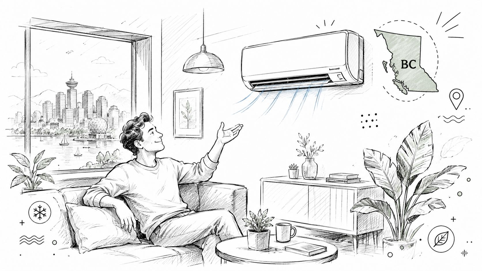 A person sitting on a sofa in a living room enjoying air from a mini split heat pump.
