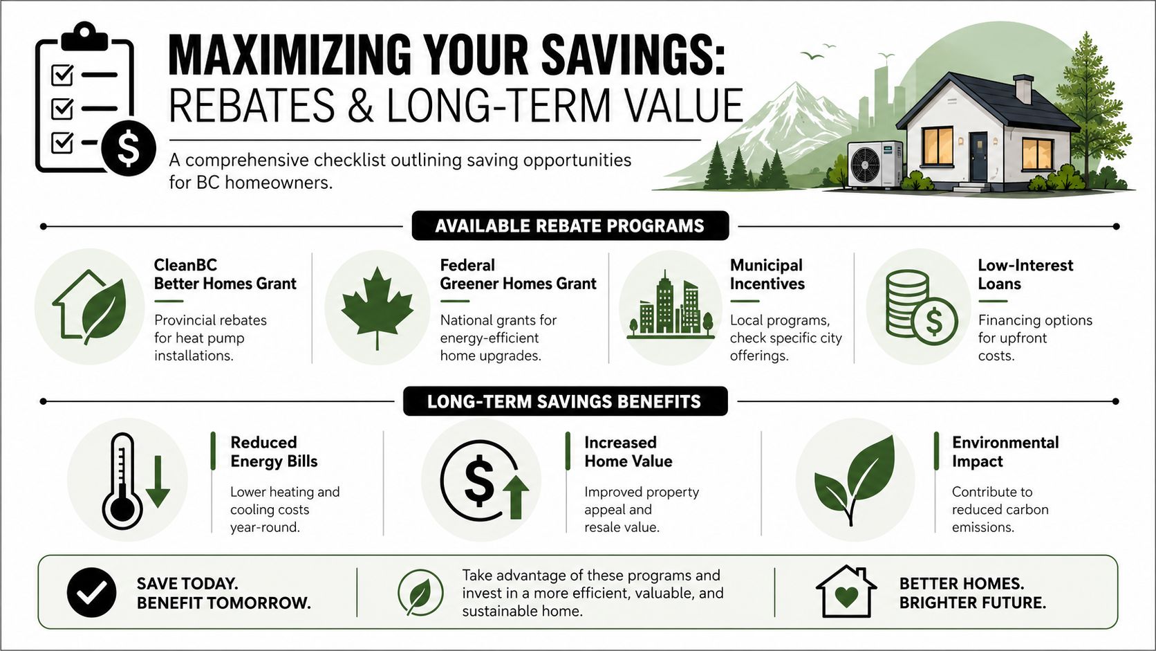 An infographic showing rebate programs and long-term financial benefits for BC homeowners upgrading energy efficiency.