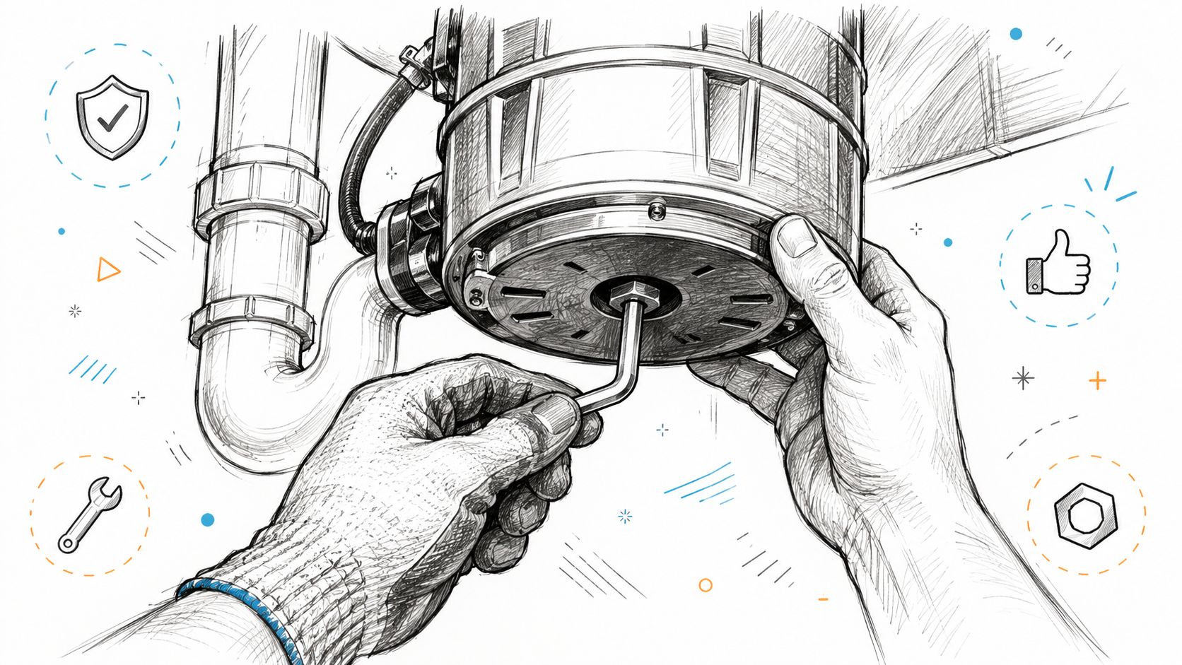 A close-up sketch of a person using a hex wrench to repair a garbage disposal under a sink.