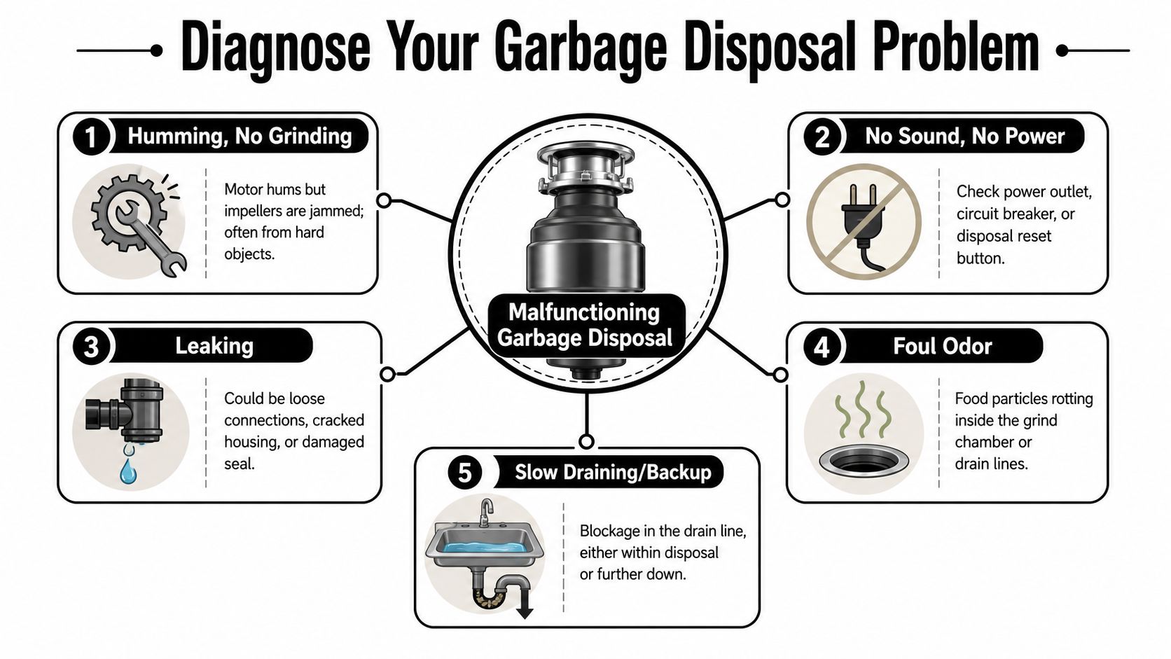 A diagnostic infographic illustrating five common garbage disposal problems, their causes, and potential solutions for homeowners.