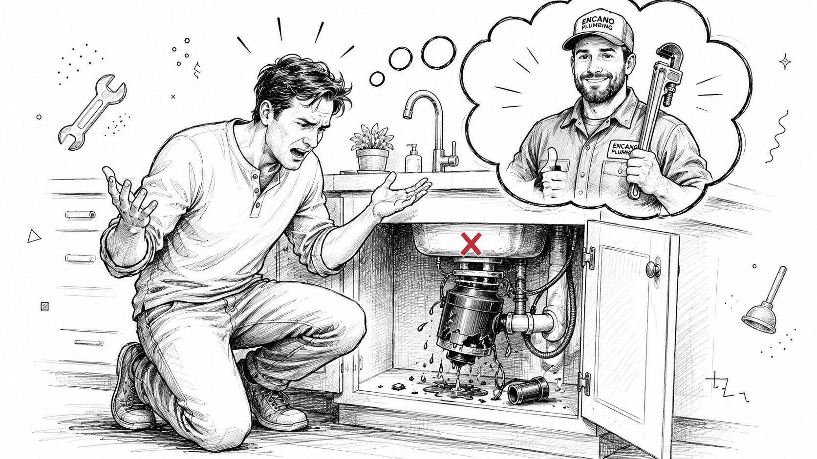 A frustrated man looking at a leaking kitchen garbage disposal while imagining a professional plumber for help.