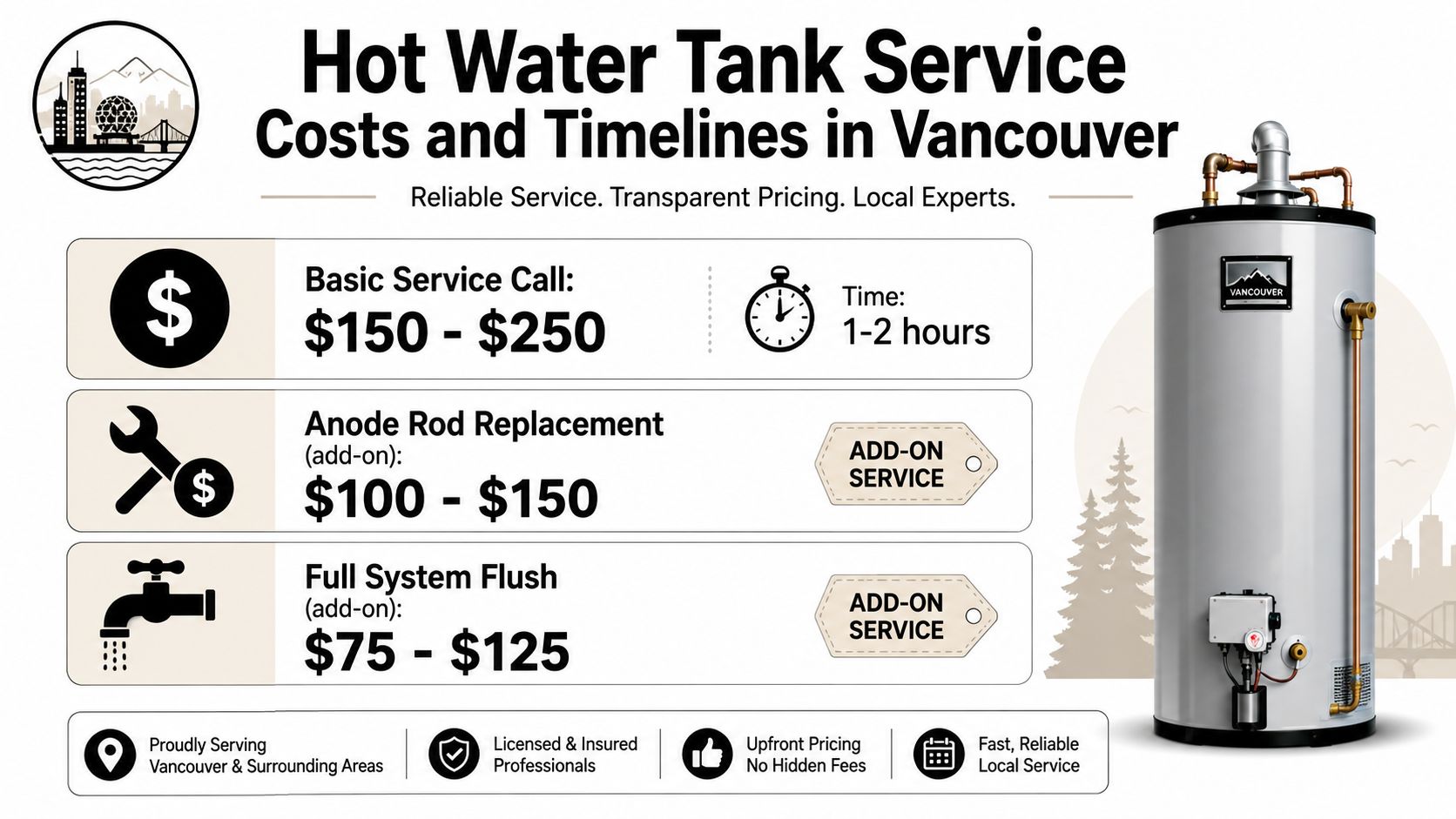 An infographic detailing hot water tank service costs and timelines for Vancouver, including various repair add-on services.