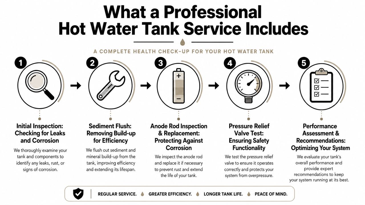 A five-step infographic showing the essential professional maintenance services performed on a hot water tank system.