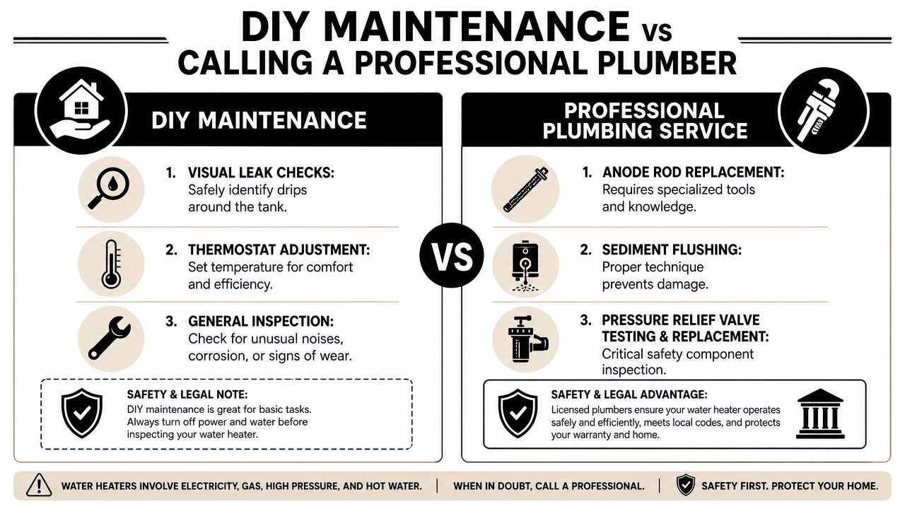 An infographic comparing DIY maintenance tasks and professional plumbing services for residential hot water heaters.