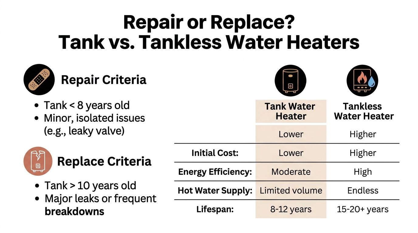A comparison chart showing factors to consider when deciding to repair or replace water heaters.