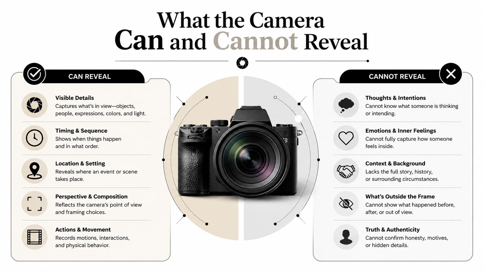 An infographic titled What the Camera Can and Cannot Reveal comparing visual recording capabilities versus subjective limitations.
