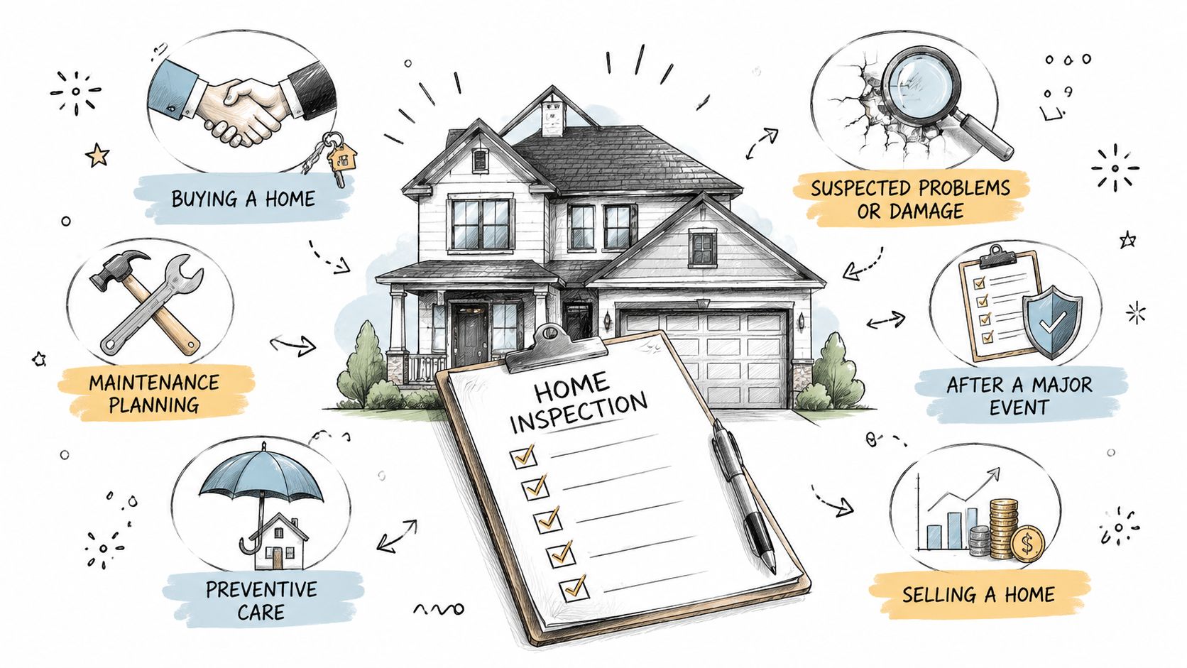 A hand-drawn illustration depicting the various reasons and benefits for performing professional home inspections for homeowners.