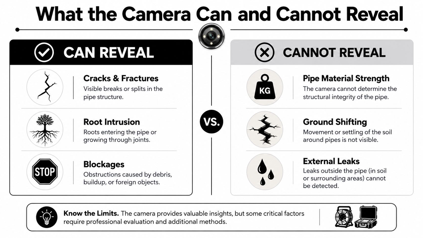 An infographic showing what a sewer pipe camera can and cannot reveal regarding pipe health and inspection.