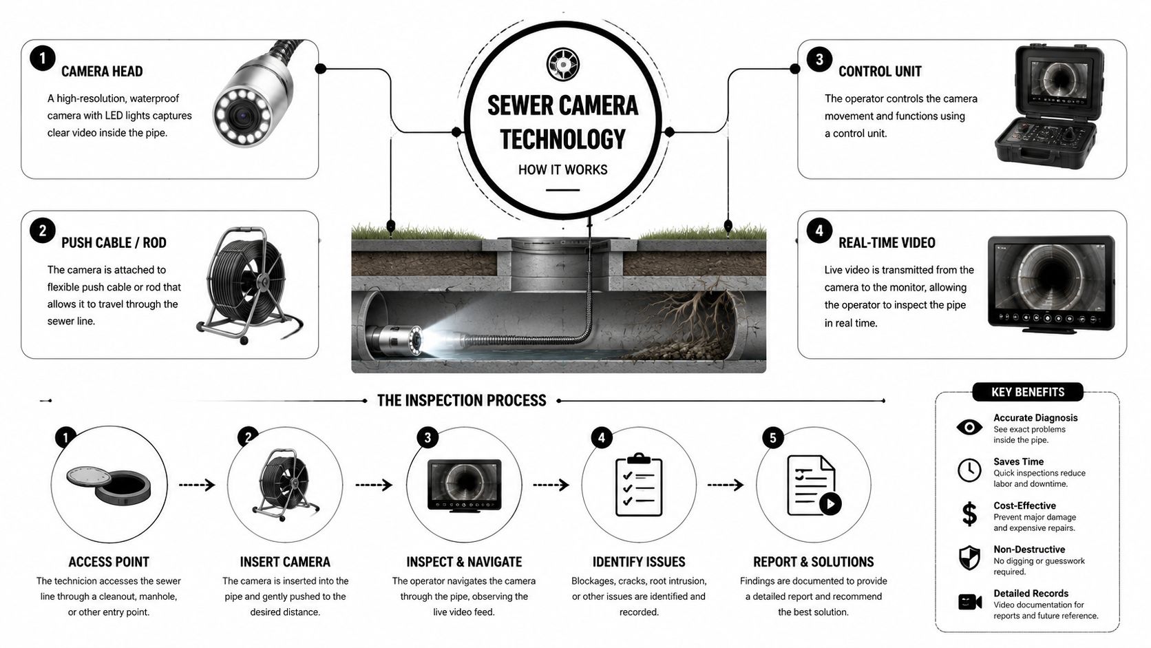 An infographic diagram illustrating the components and inspection process of professional sewer camera technology systems.