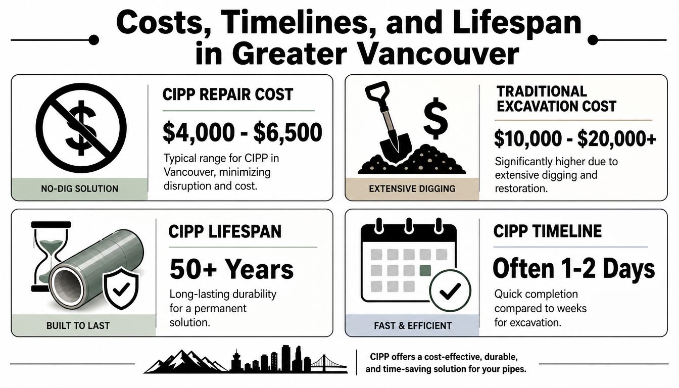 A comparison infographic showing cost, timeline, and longevity benefits of CIPP sewer lining versus traditional excavation methods.