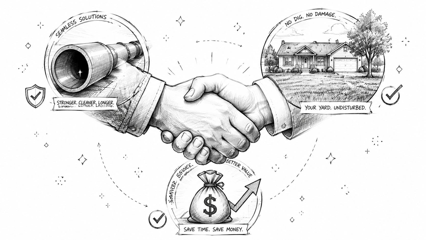 A pencil sketch illustration showing a handshake connecting trenchless sewer pipe lining solutions to property preservation and financial savings.