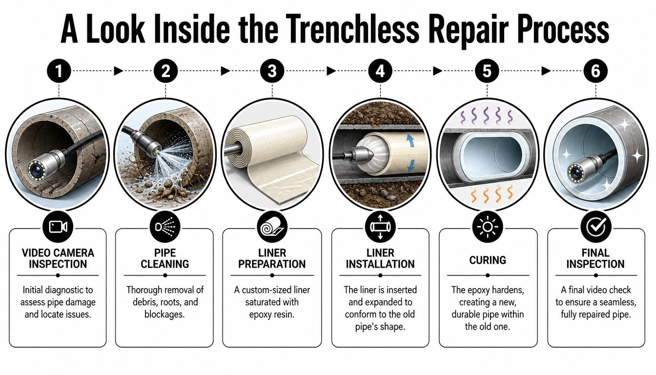 A six-step diagram illustrating the trenchless sewer lining repair process from inspection to final result.