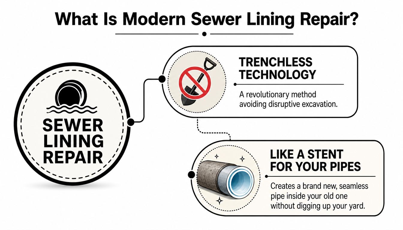 An infographic explaining modern sewer lining repair as a trenchless, non-invasive method using internal pipe restoration.
