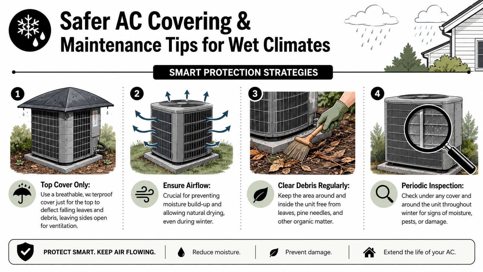 An infographic showing four steps for safely covering and maintaining outdoor air conditioning units during winter.