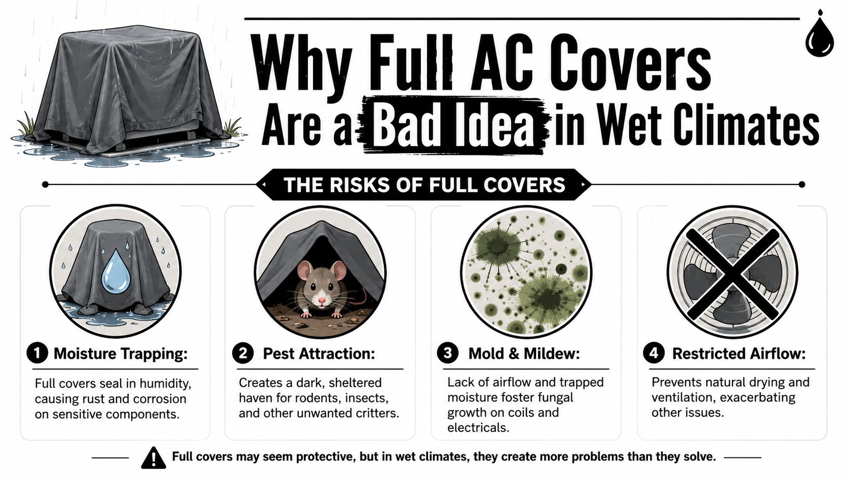 An infographic titled Why Full AC Covers Are a Bad Idea in Wet Climates showing four risks.