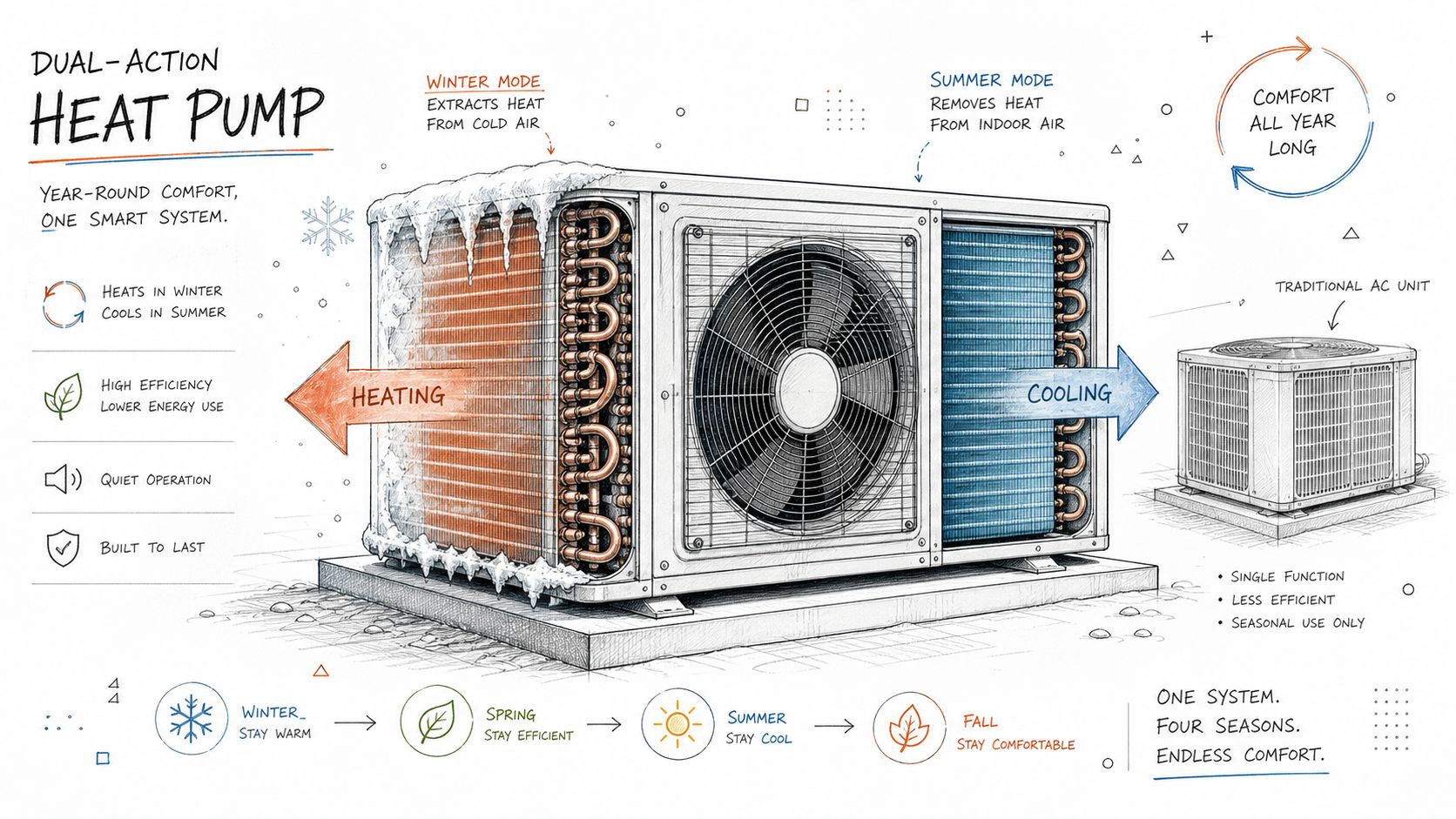 An educational illustration comparing a dual-action heat pump system to a traditional air conditioning unit.