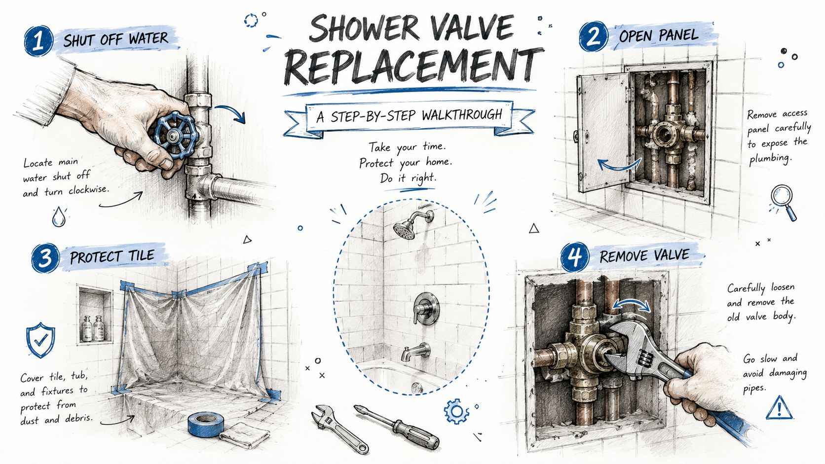 An illustrated step-by-step guide showing the process of performing a shower valve replacement for plumbing maintenance.