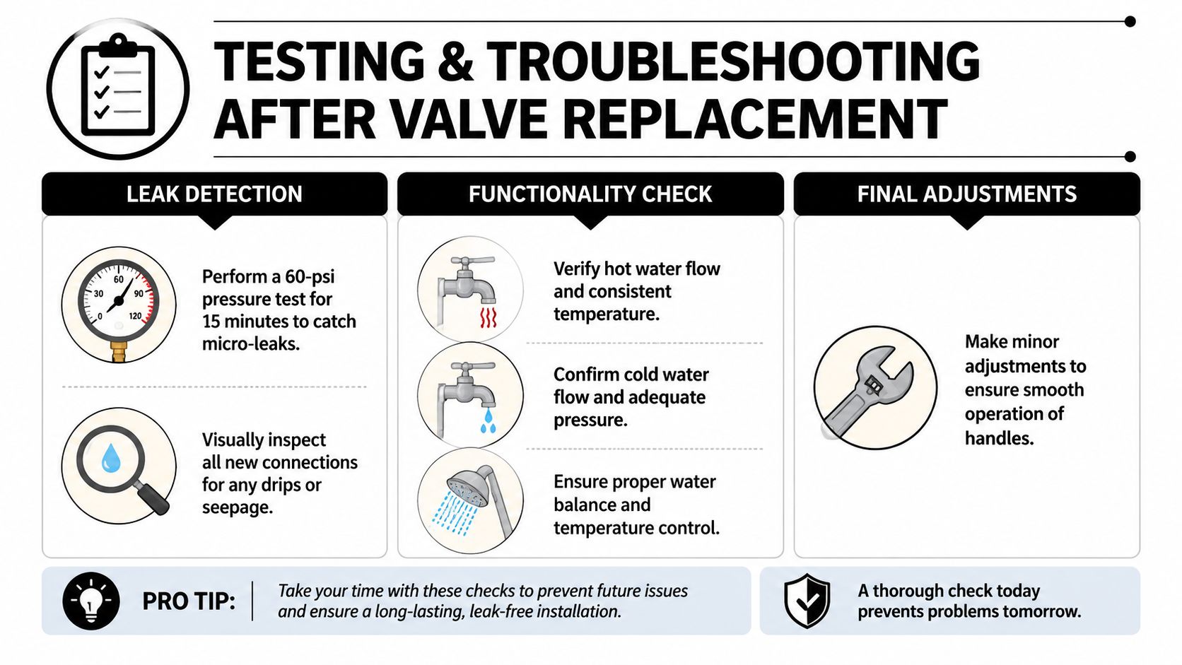 An infographic detailing essential testing and troubleshooting steps for plumbing after performing a shower valve replacement.