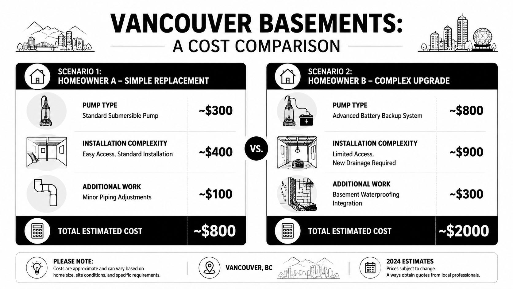 A cost comparison infographic for sump pump replacement in Vancouver basements for simple and complex scenarios.