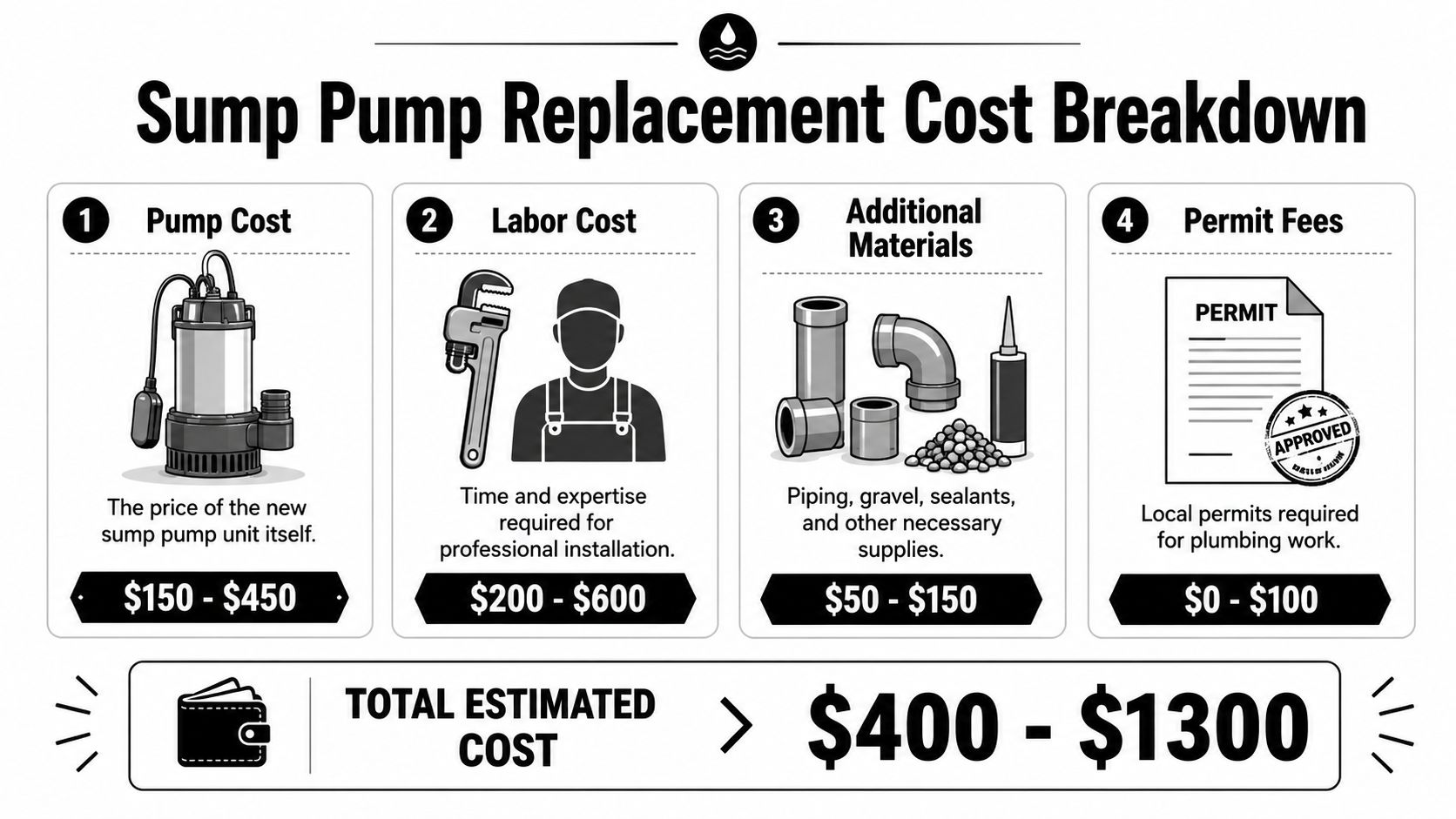 A detailed infographic showing the cost breakdown for replacing a home sump pump including parts, labor, and permits.