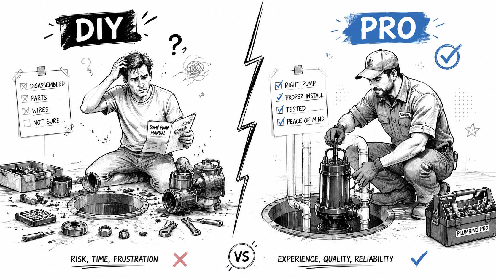 A split image comparing a frustrated DIY sump pump installation to a professional plumbing installation service.