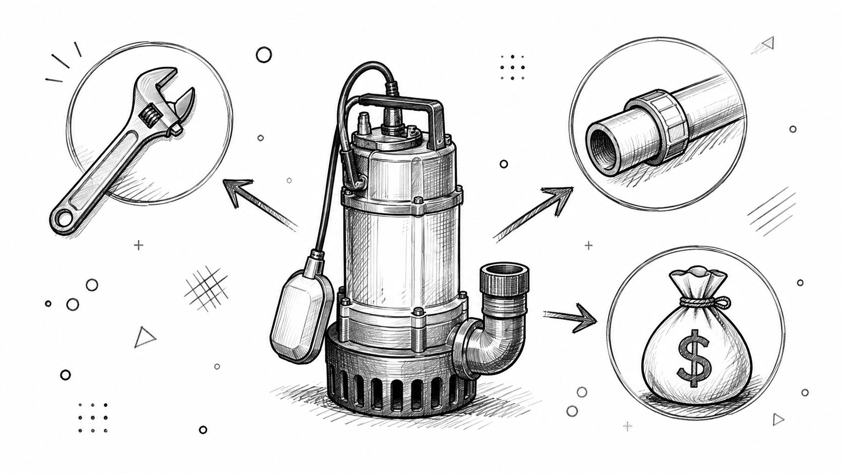 A pencil sketch of a sump pump showing tools, plumbing parts, and money signifying replacement costs.
