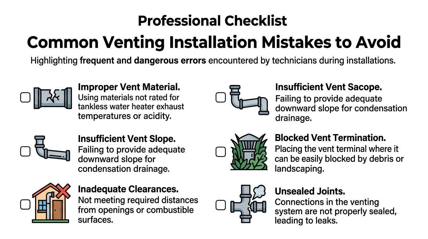 A checklist highlighting six common and dangerous venting installation mistakes for tankless water heaters in residential buildings.
