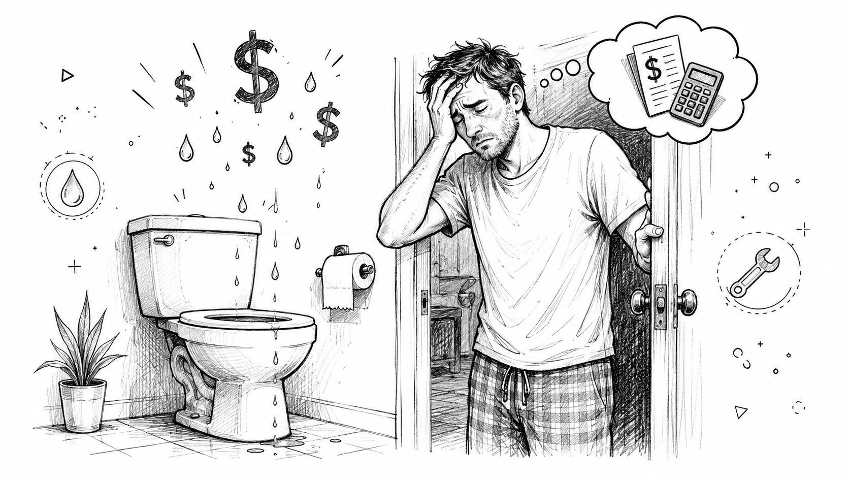 A distressed man stands by a leaking toilet thinking about the financial costs of plumbing repairs.