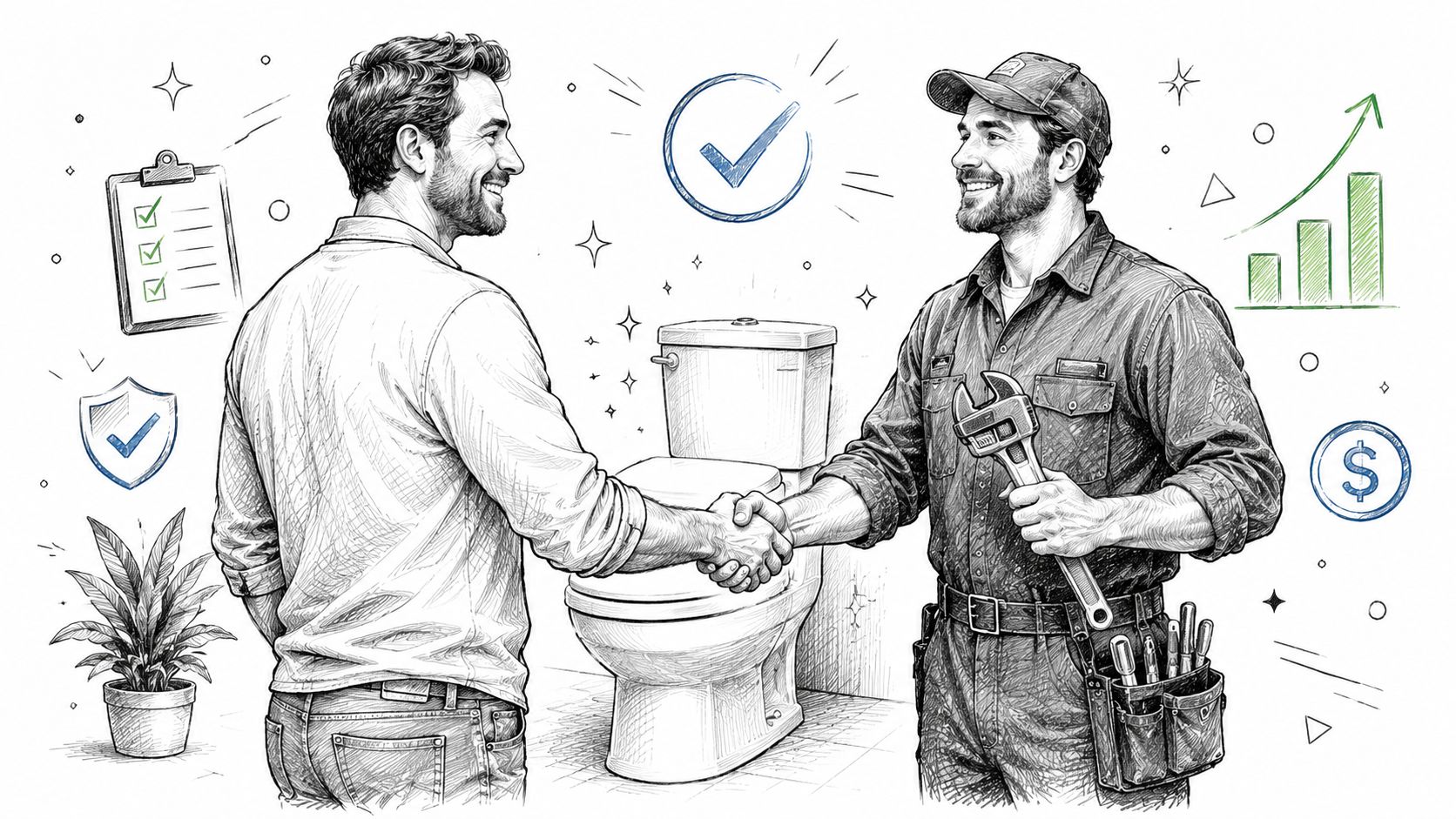 A professional plumber and a homeowner shaking hands in front of a toilet after a successful repair.