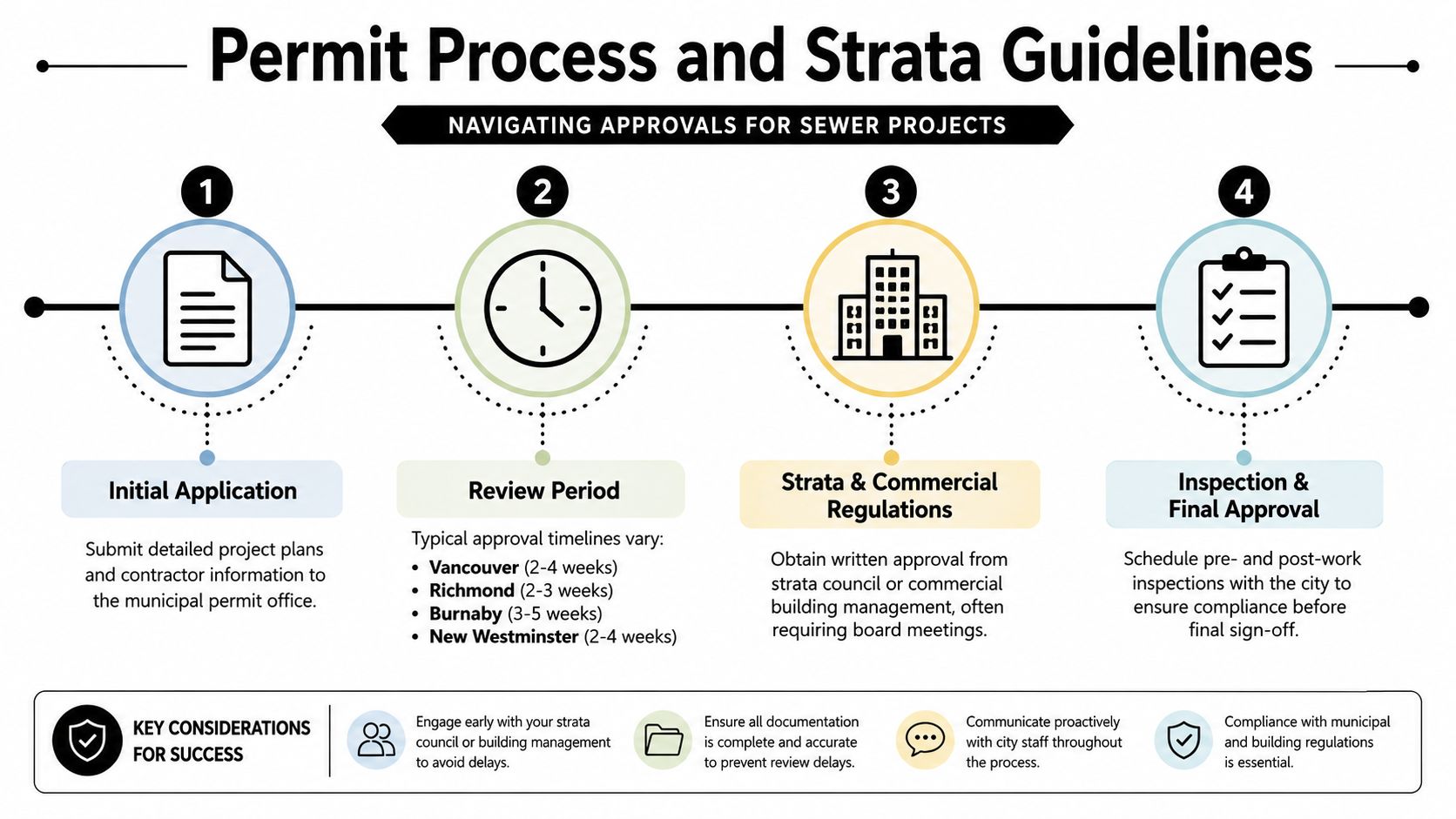 An infographic showing a four-step permit and strata guideline process for sewer renovation projects.