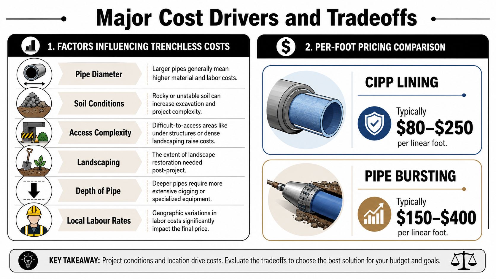 An infographic detailing major cost factors and per-foot pricing for trenchless sewer line replacement methods.