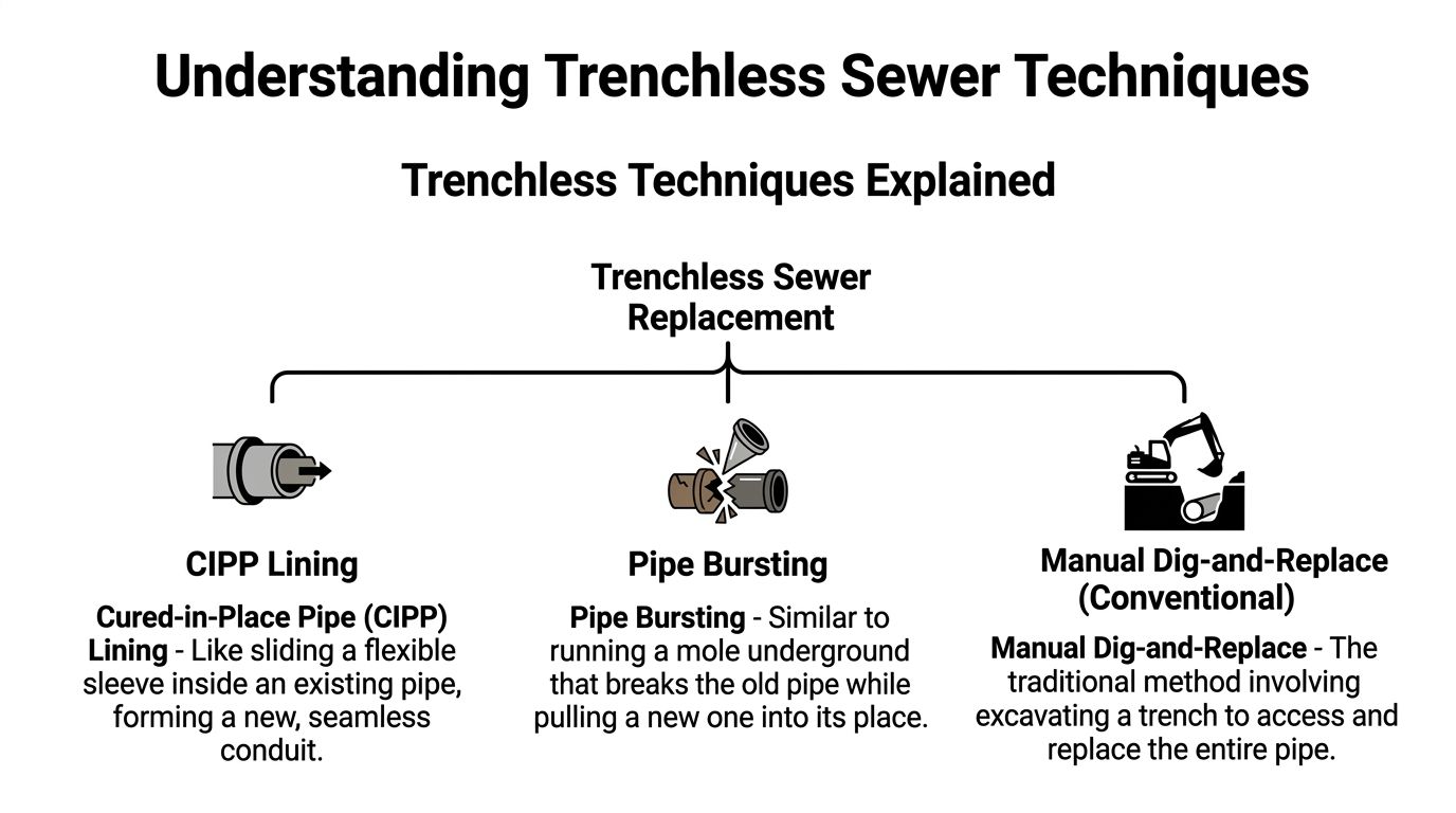 An infographic showing three sewer replacement methods: CIPP lining, pipe bursting, and conventional dig-and-replace manual excavation.