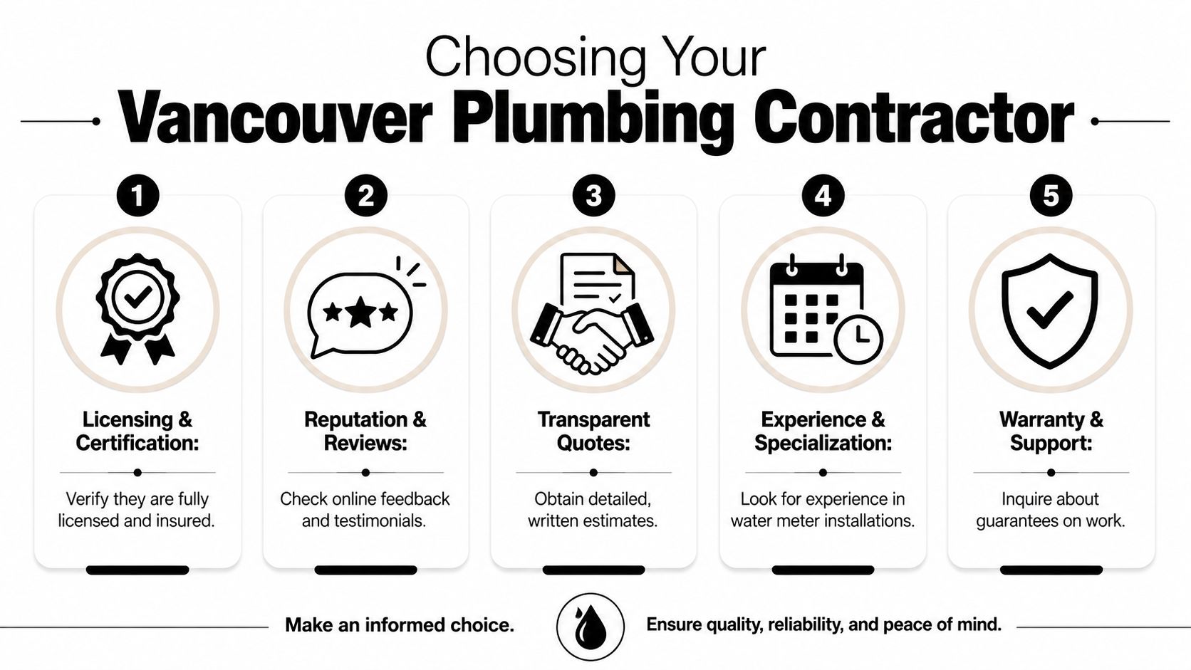 An infographic detailing five key steps to consider when selecting a professional plumbing contractor in Vancouver.