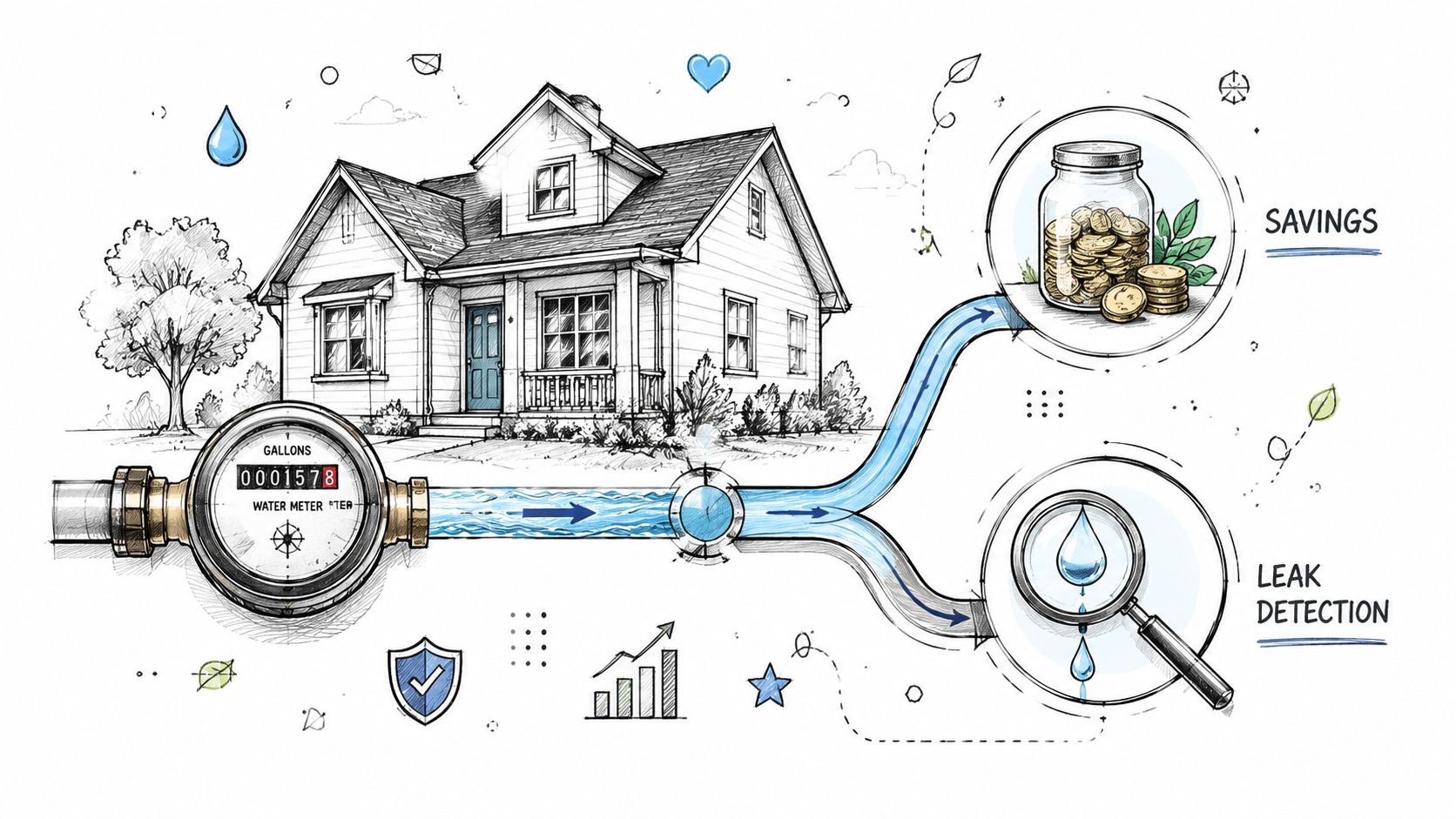 A diagram illustrating a water meter connected to a house, branching into savings and leak detection concepts.