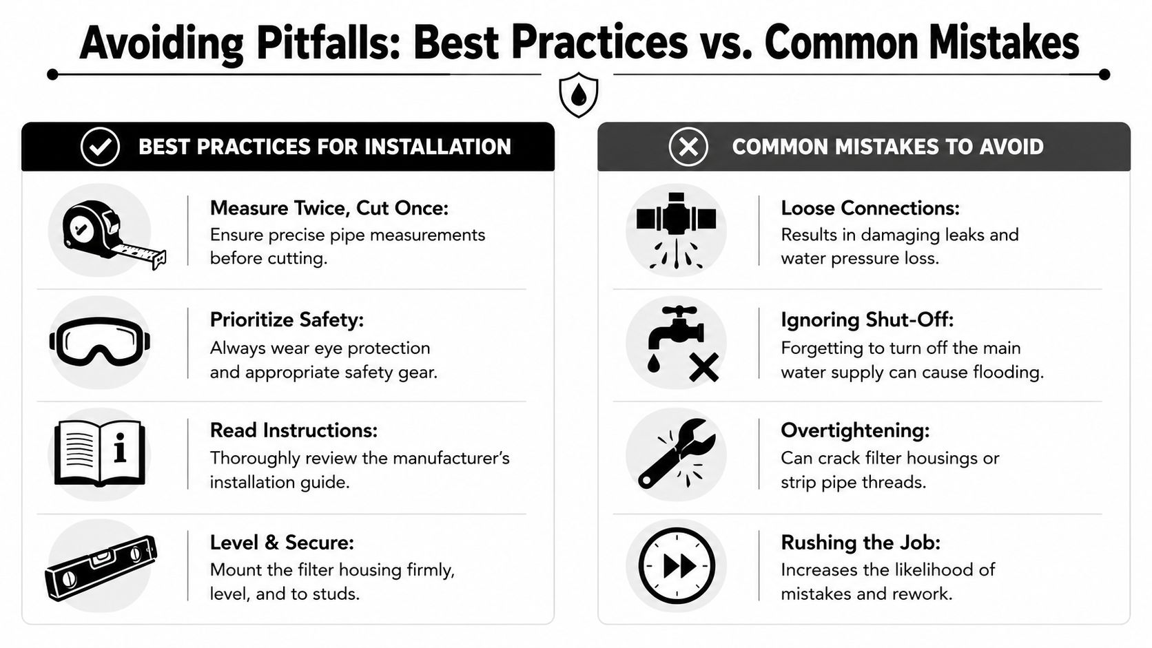 An infographic titled Avoiding Pitfalls comparing best practices and common mistakes for water filter installation.