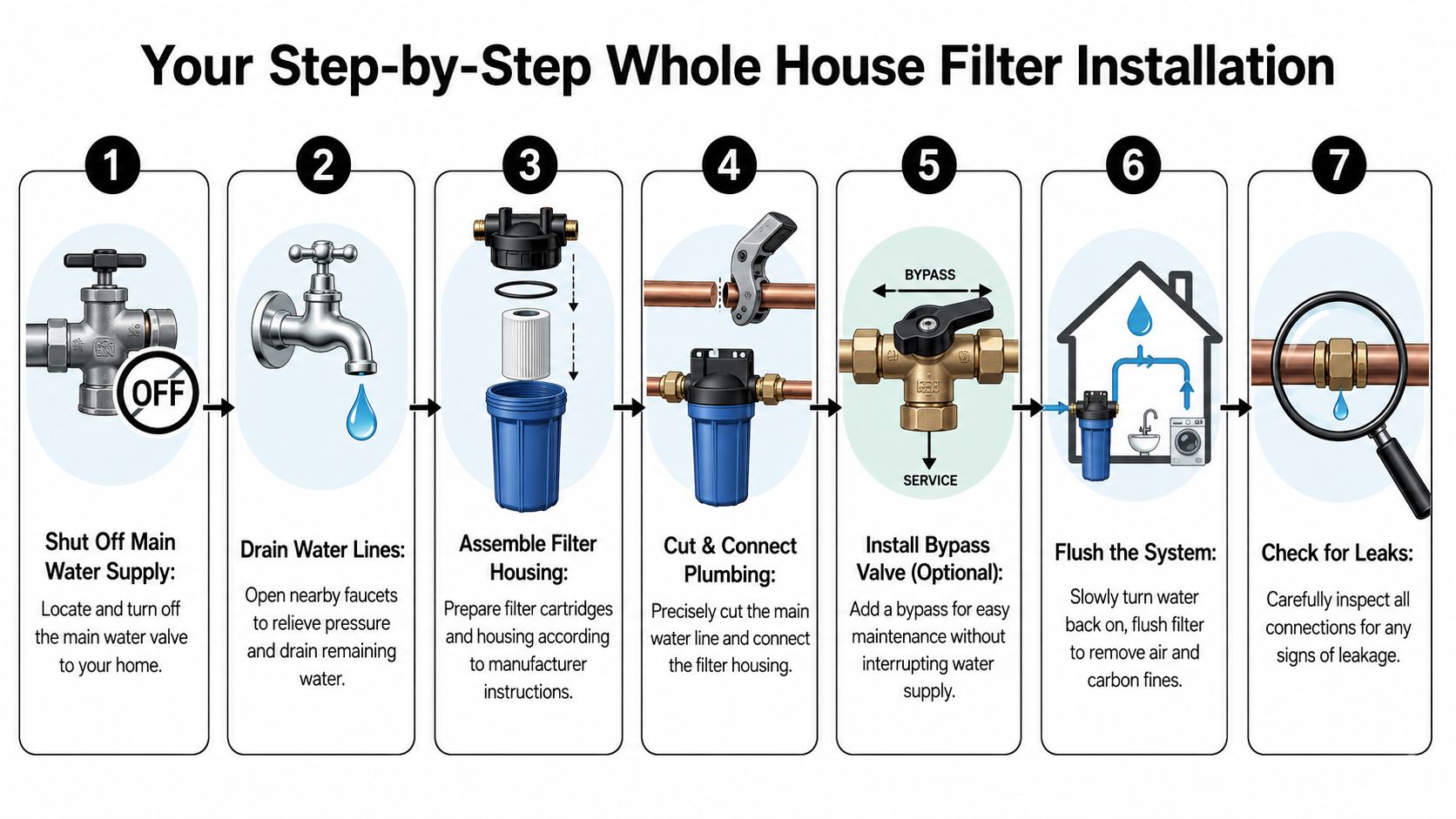 An illustrated seven-step infographic guide demonstrating how to install a whole house water filtration system.