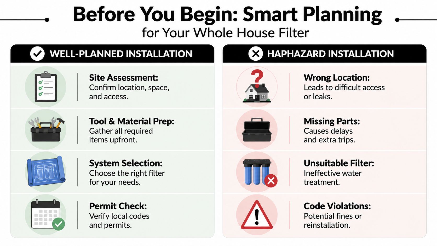 A comparison chart outlining well-planned versus haphazard installation steps for a whole house water filter system.