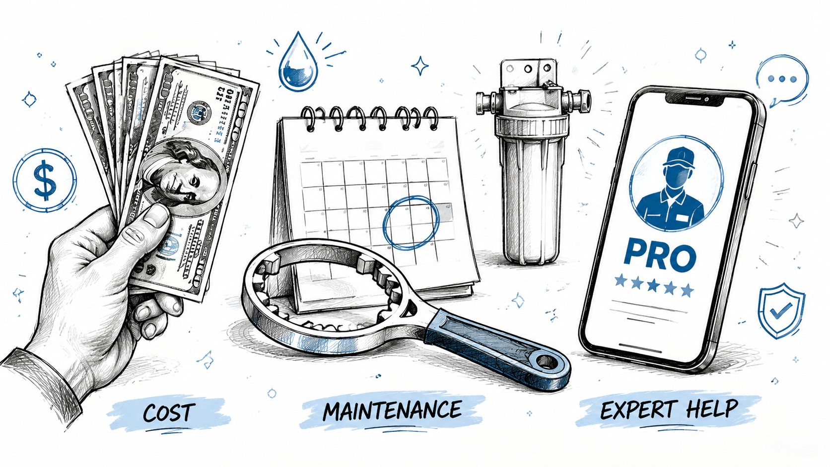 A hand holding dollar bills next to a calendar, water filter, and a smartphone with pro technician.