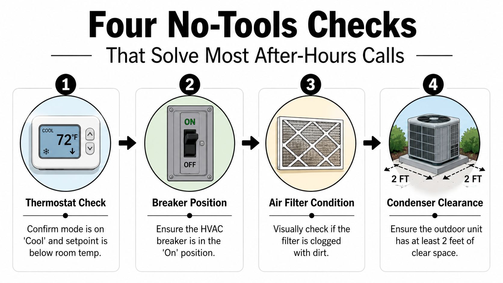 An infographic showing four simple troubleshooting steps to resolve common HVAC system issues without using any tools.