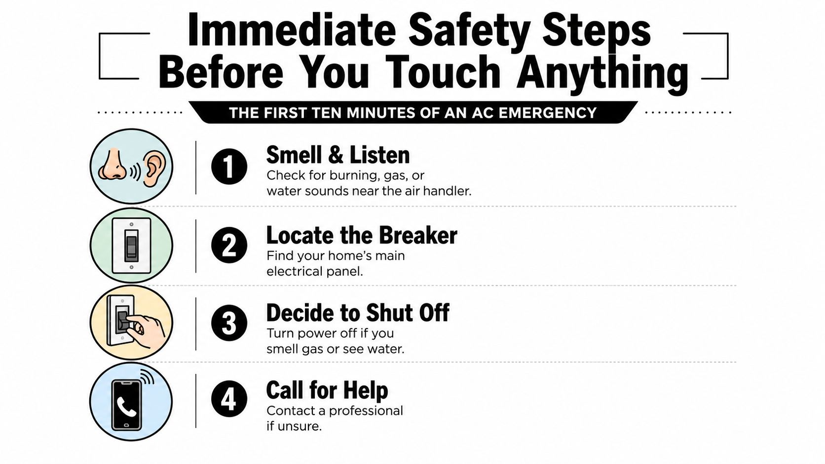 A safety infographic showing four essential steps to take during an air conditioning system emergency situation.