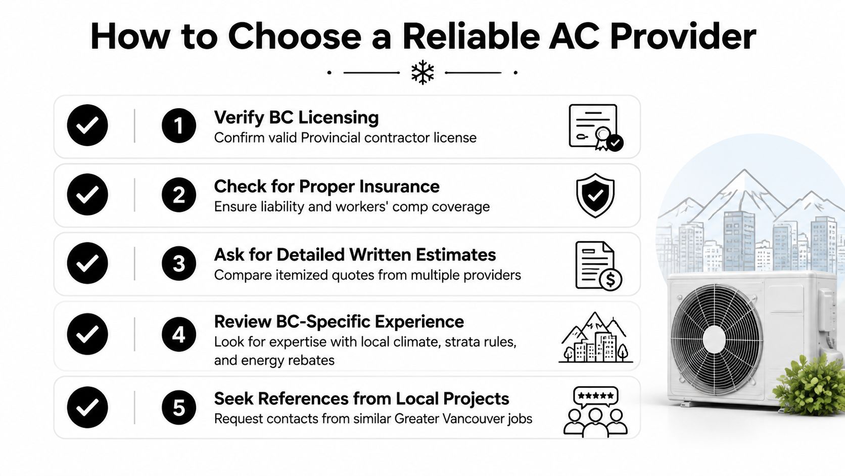 An infographic titled How to Choose a Reliable AC Provider featuring five numbered steps for selecting contractors.